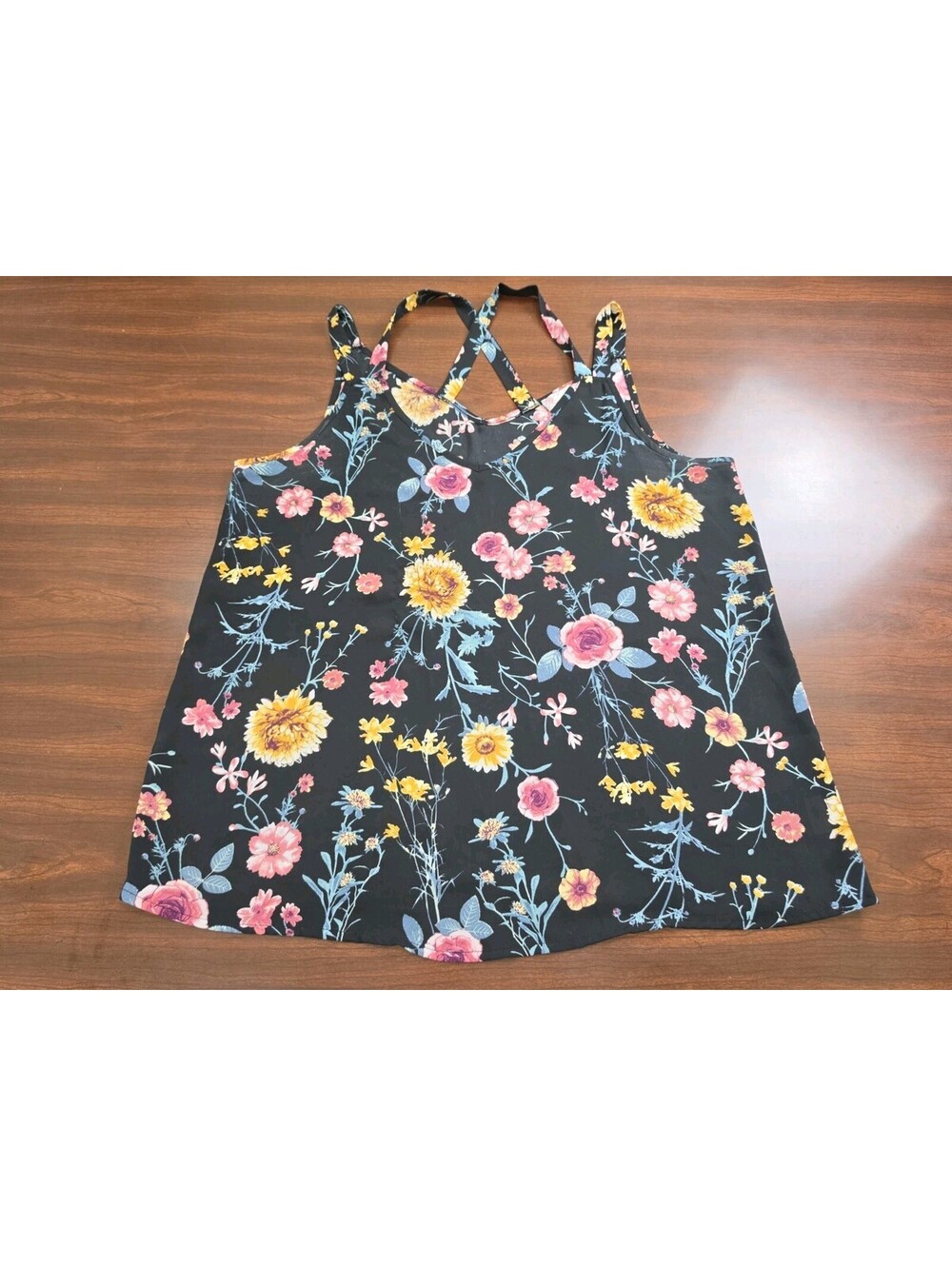 Pink Rose XL Black Floral Criss Cross Back Blouse Top Sleeveless Bohemian Chic